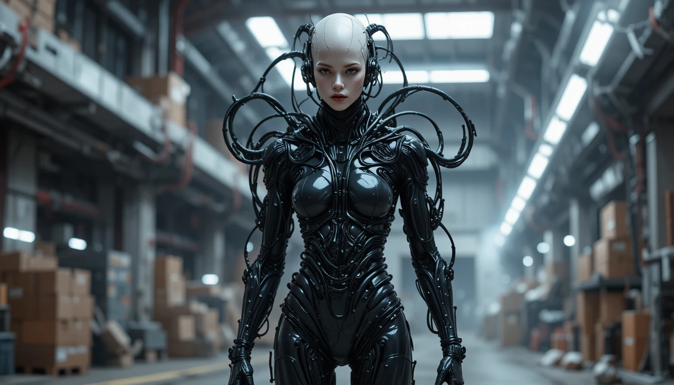 Full body sci fi humanoid of living tubes in latex suit