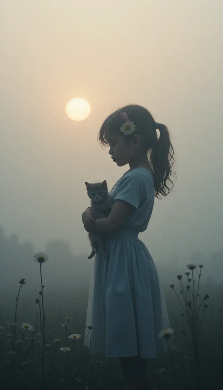 Young girl holding a kitten in soft pastel morning haze
