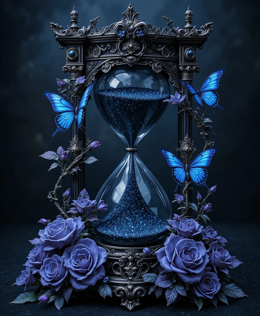 Gothic silver hourglass with roses and butterflies