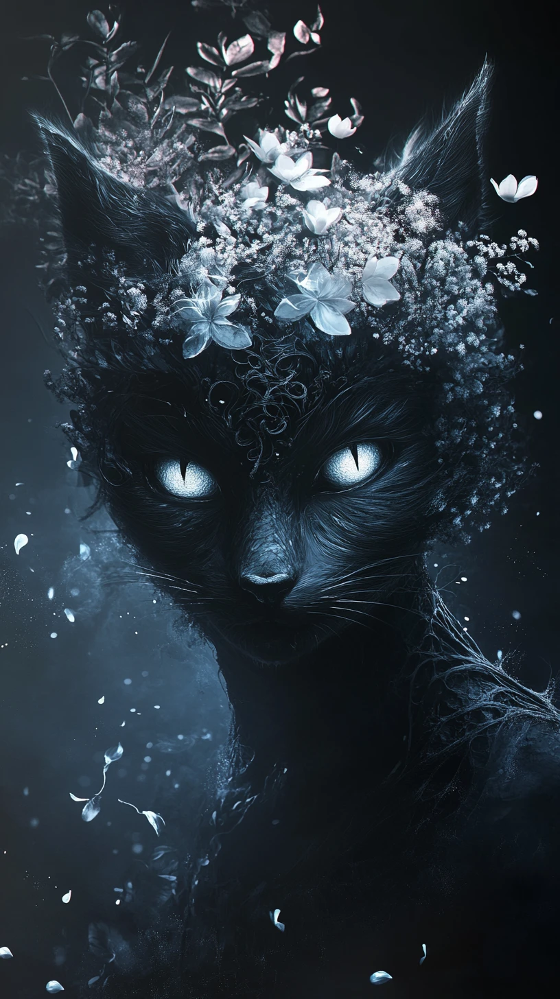 Creatura floreale fantasy oscura con petali luminosi e corona
