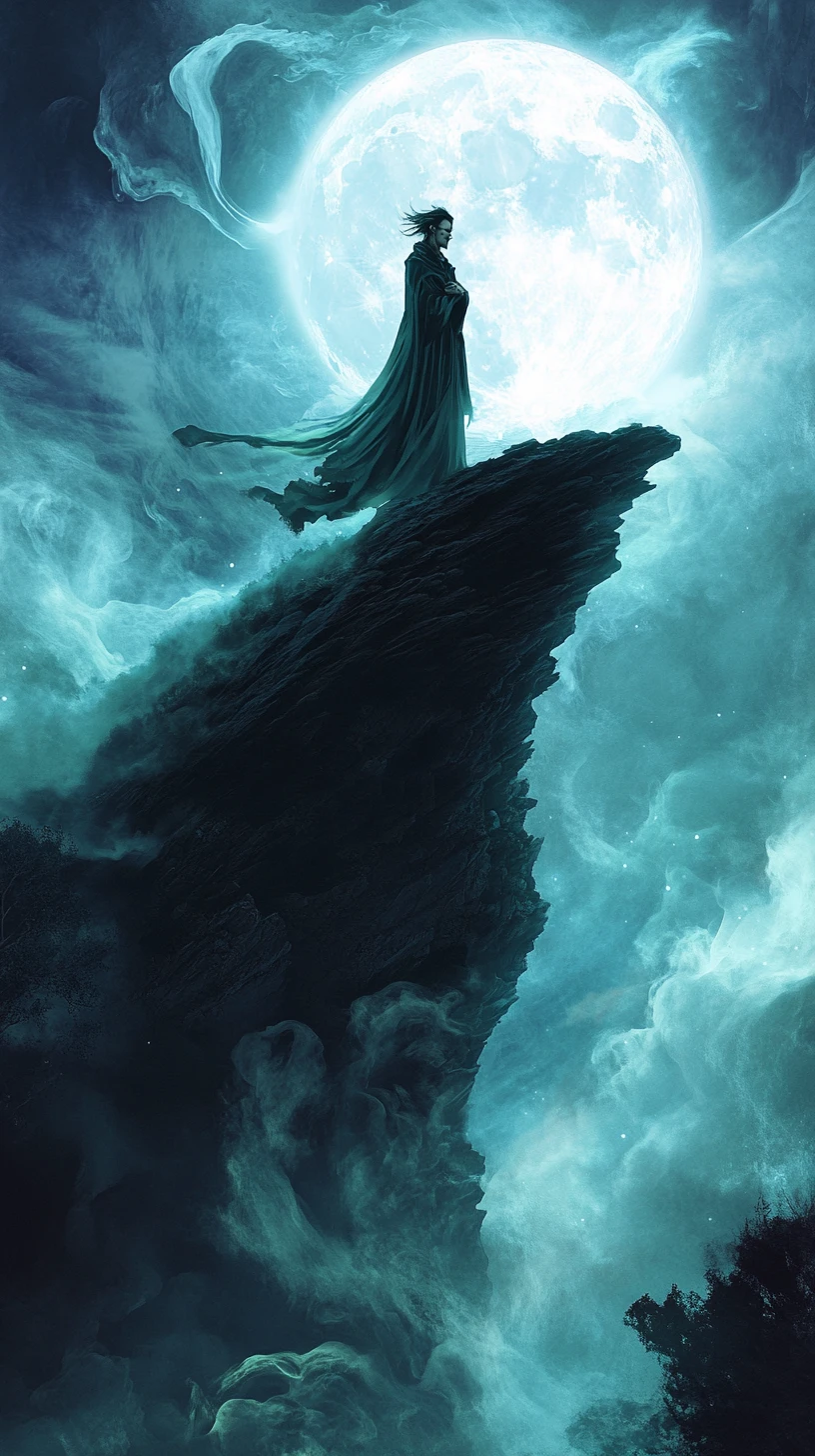 Serene villain on a moonlit cliff in swirling mist