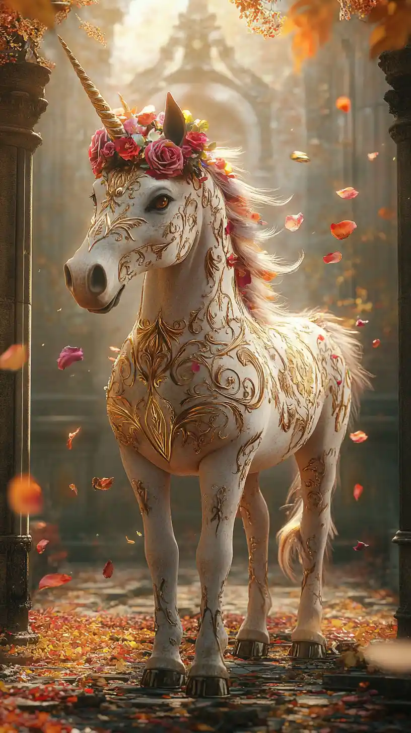 Golden unicorn with roses amid ancient stone ruins