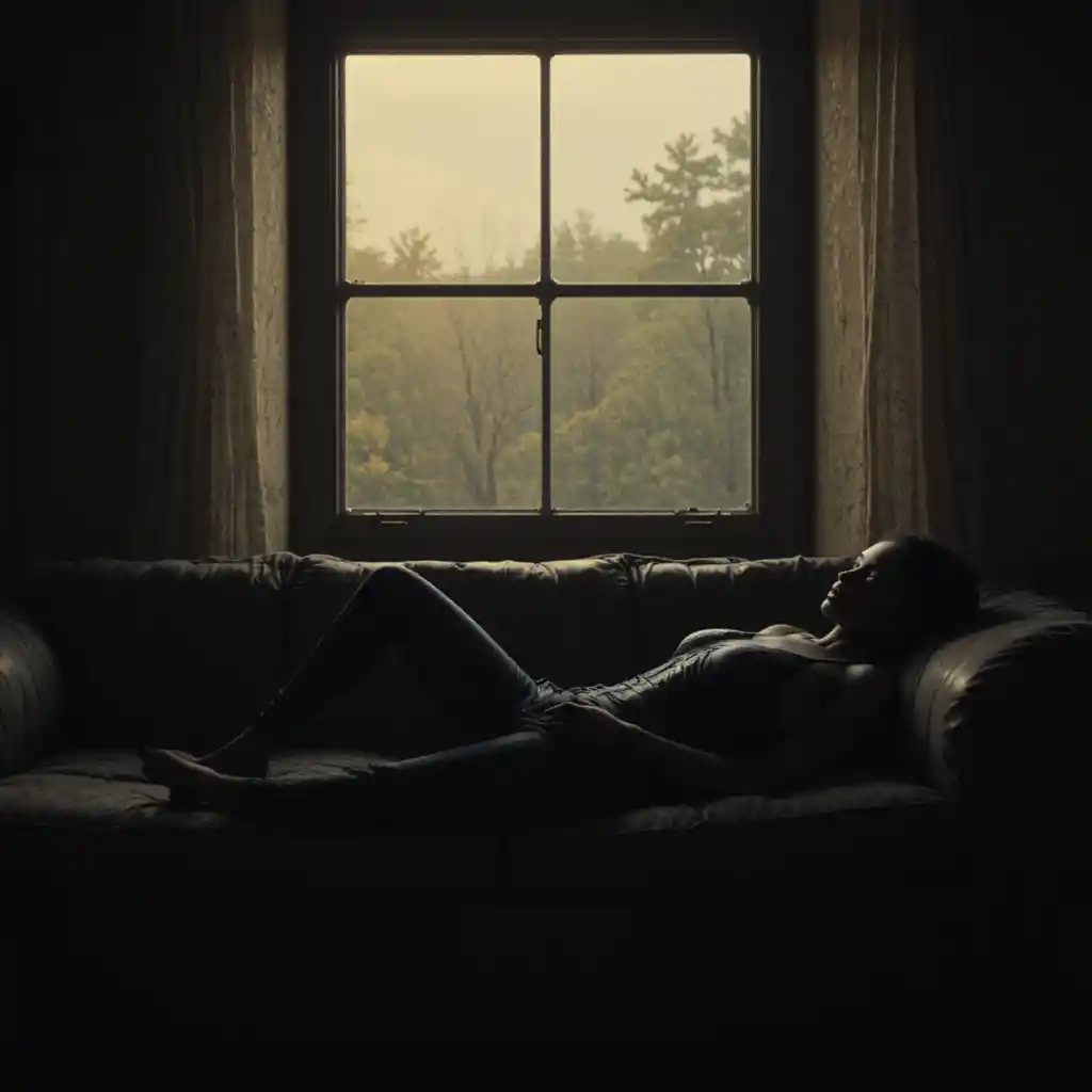 Woman lying on a sofa in a dark room facing window