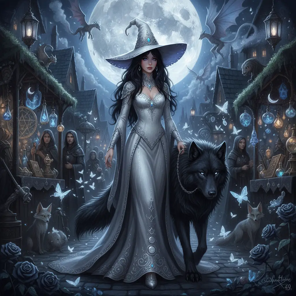 White witch walking with dire wolf in moonlit market