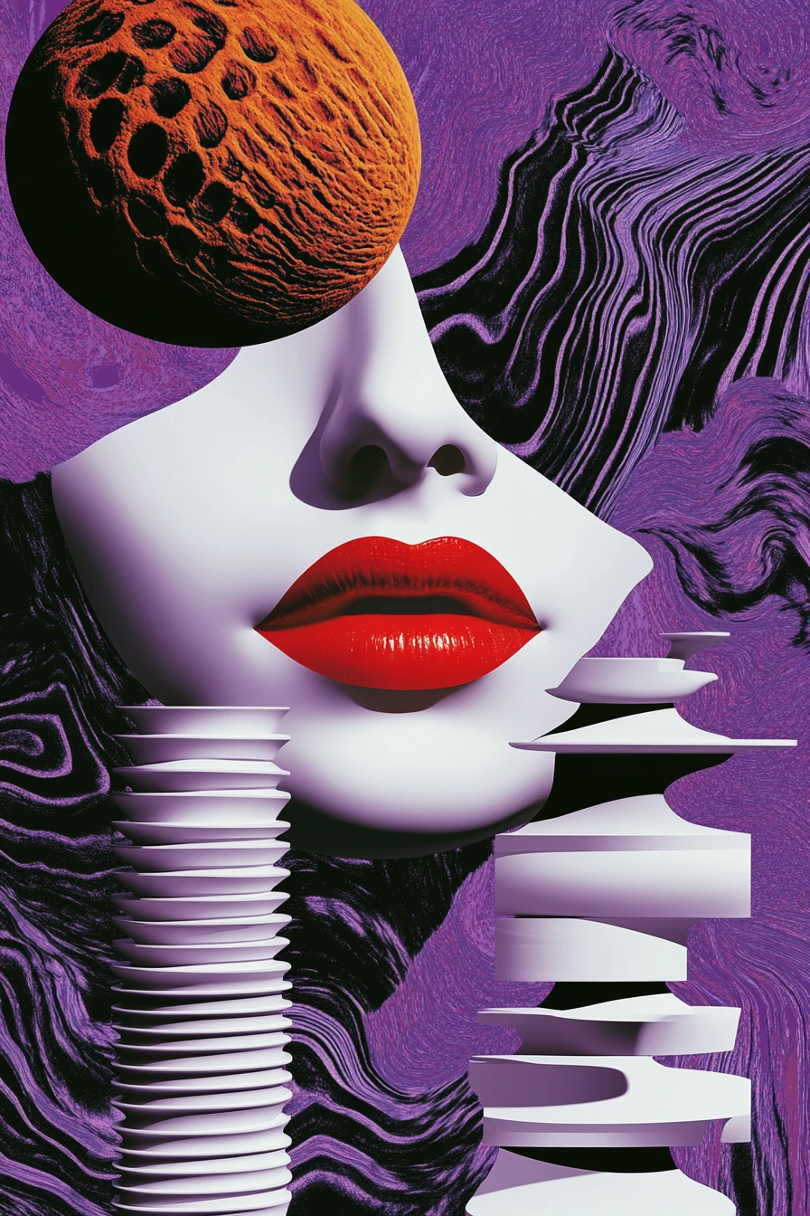 Testa digitale astratta con labbra rosse e forme geometriche