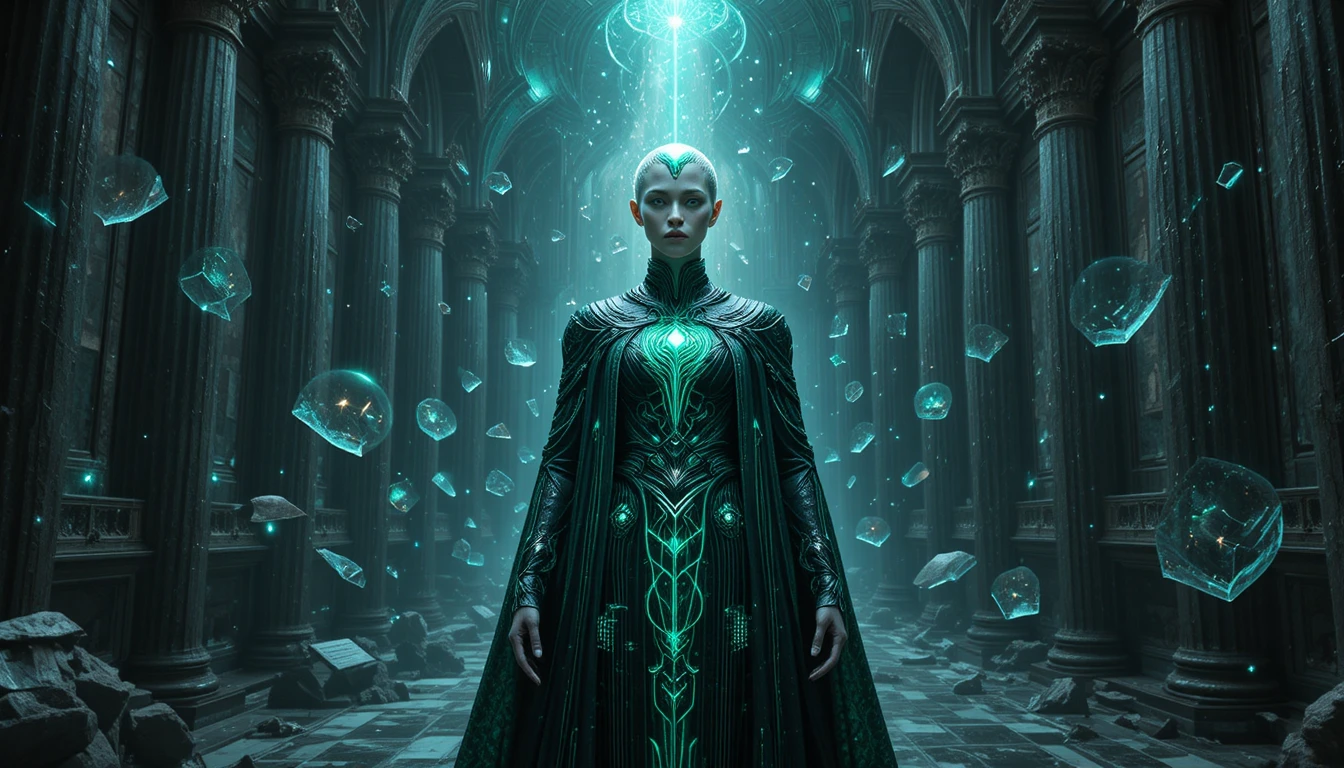 Emerald eyed philosopher in a celestial academic sanctum