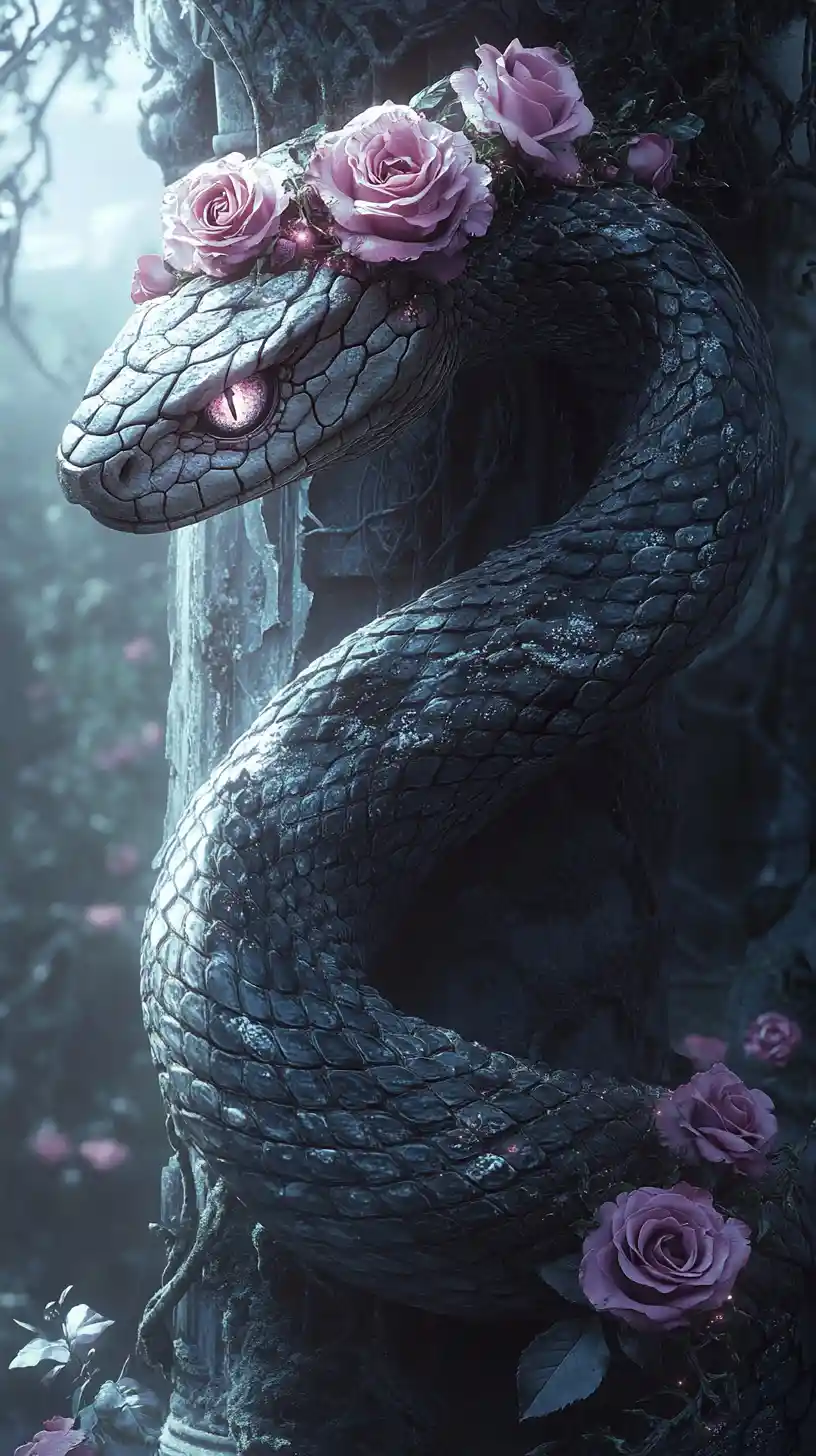 Ornate fantasy serpent coiled among ancient crumbling pillars