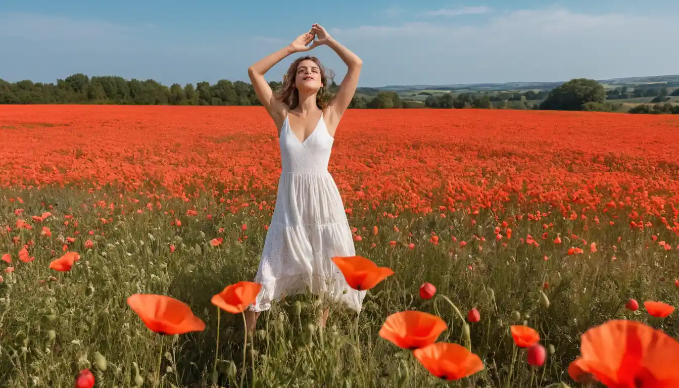 Curvy woman flying over a neon wildflower poppy field