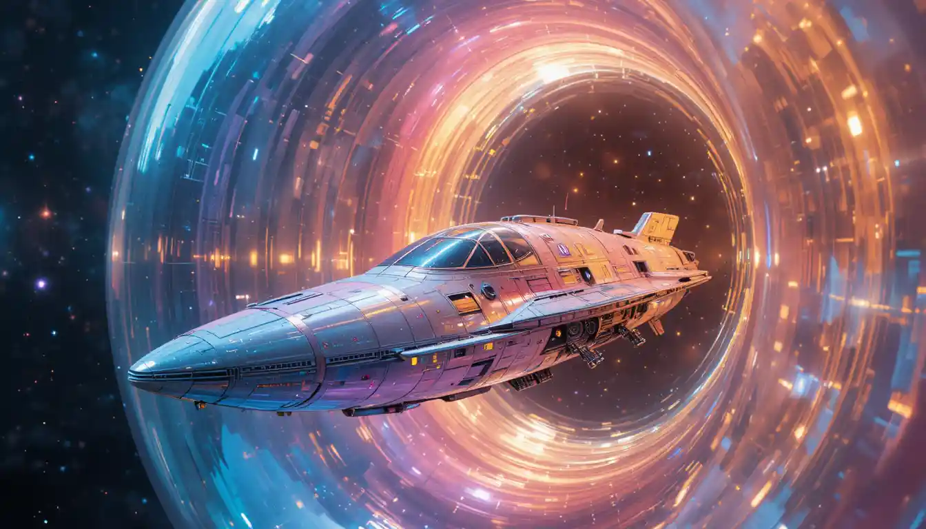 Living latex spaceship entering a vast cosmic bubble tunnel