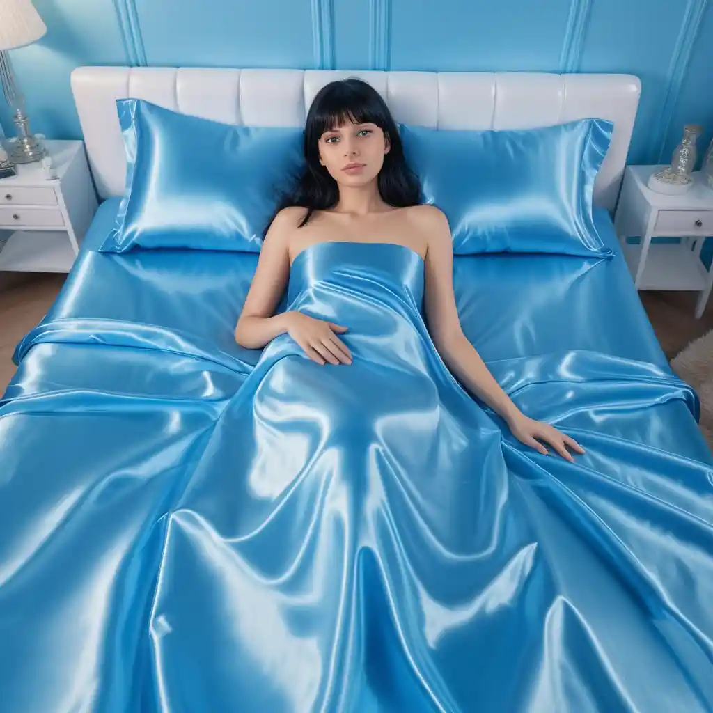 Woman lying on shiny blue satin bed looking forward