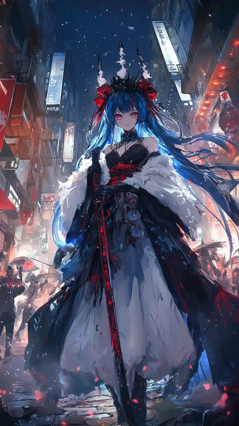 Anime girl with katana facing mechanical spirits in market