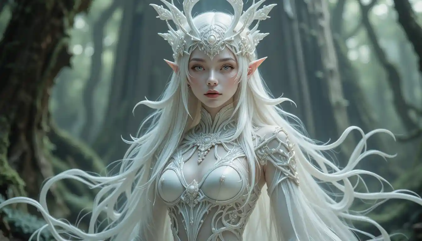 Regal elf like woman in organic white ceremonial latex attire