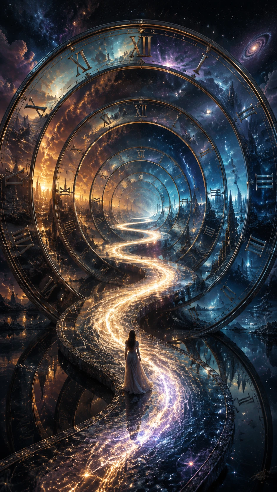 Glowing river looping through surreal rings of time