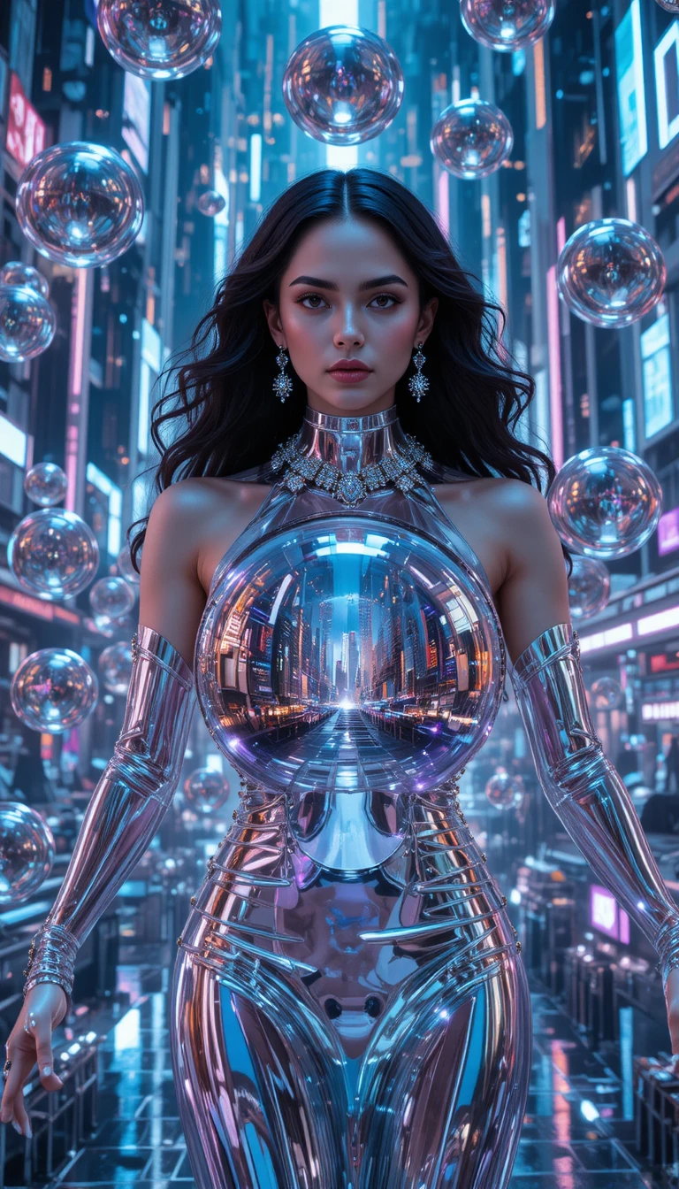 Futuristic fashion woman with crystal sphere in neon city