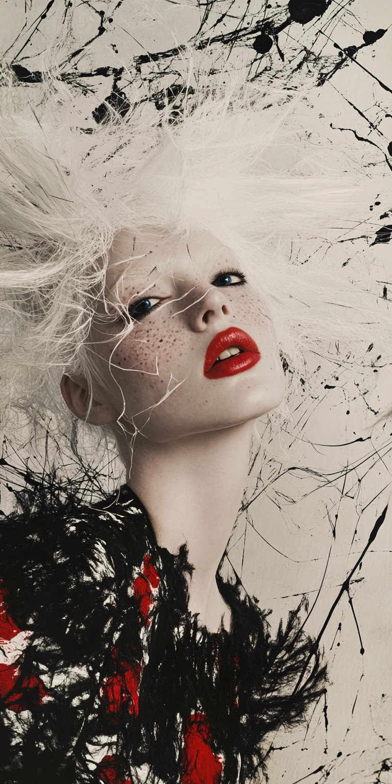 Albino-Frau im floralen Papierkleid mit surrealem Punk-Styling