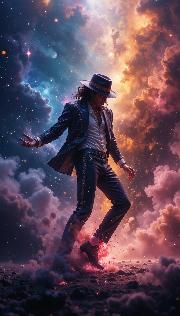 Celestial dancer glowing against swirling cosmic nebula stage