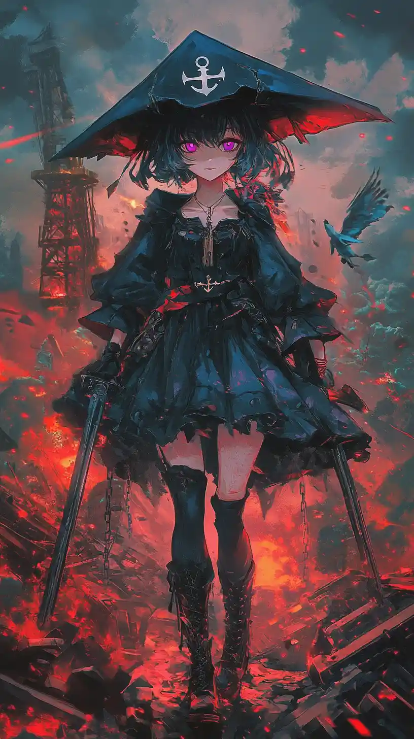Anime girl warrior with sword and rifle in ruins