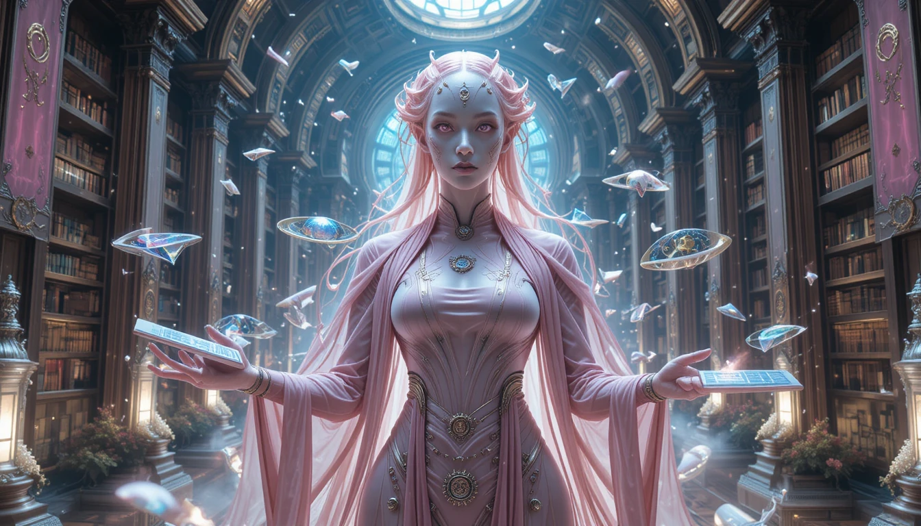 Senior alien scholar in a luminous futuristic grand archive