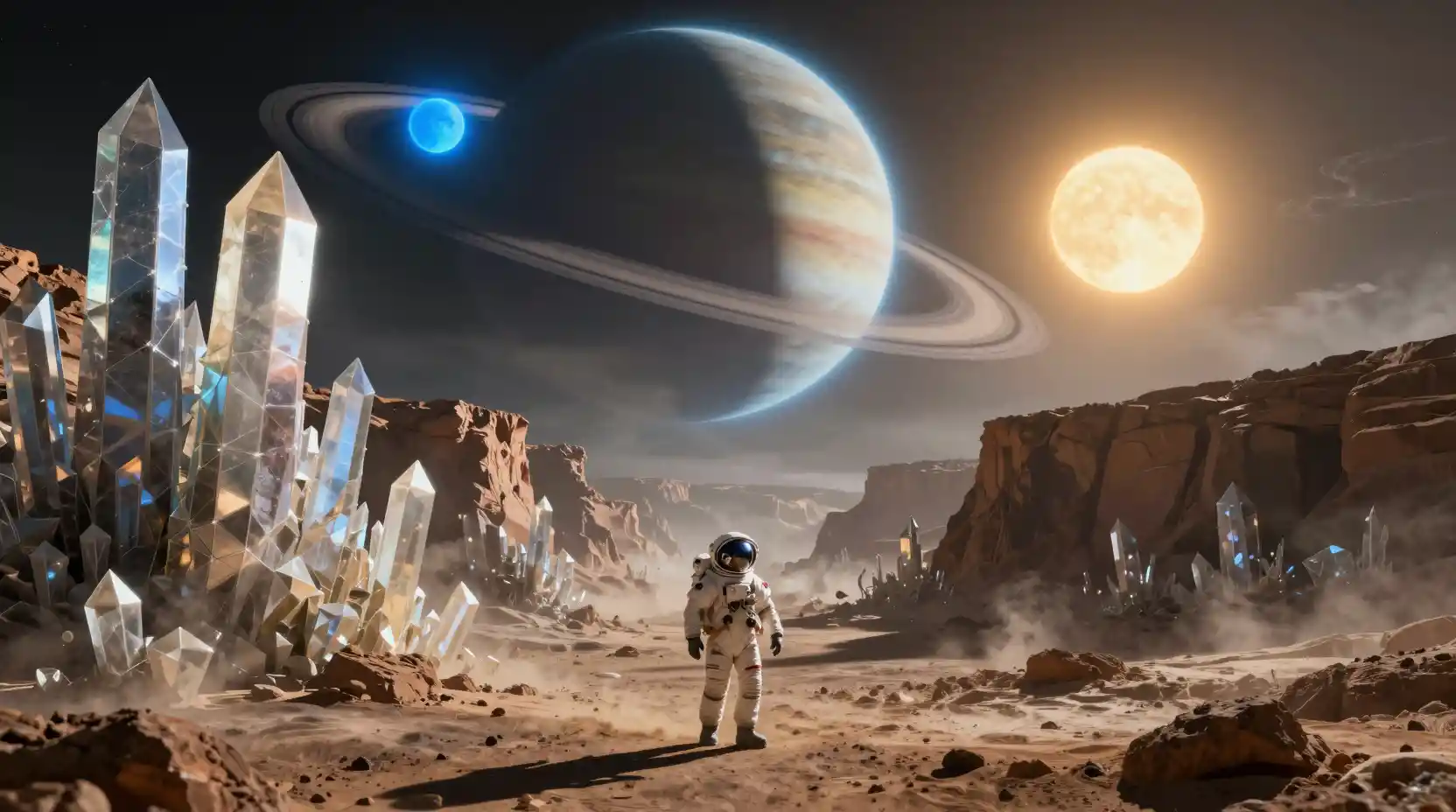 Lone astronaut in crystal canyon on distant alien world