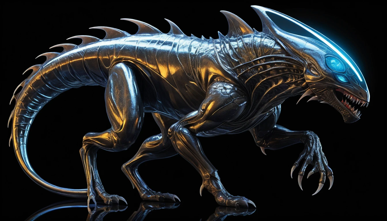 Alien latex starship creature with glowing cosmic veins