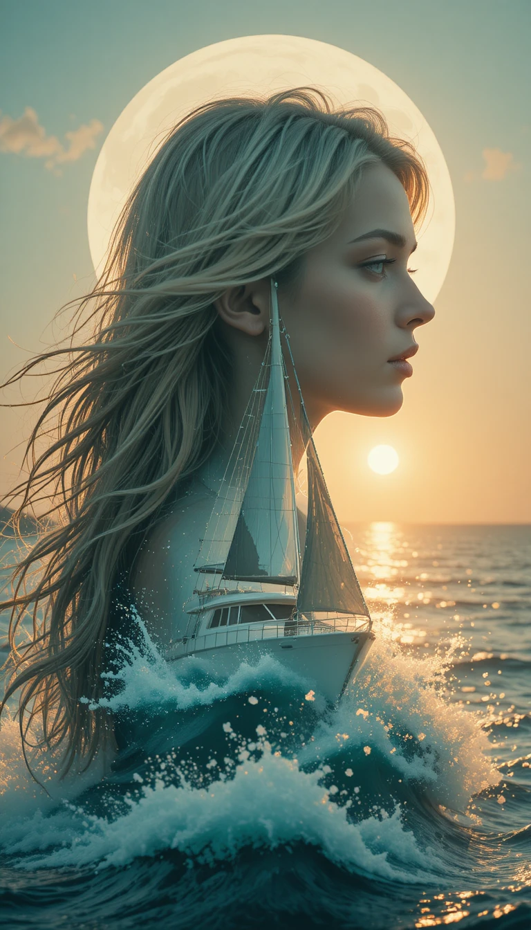 Double exposure portrait of woman with yacht and moonlit sea