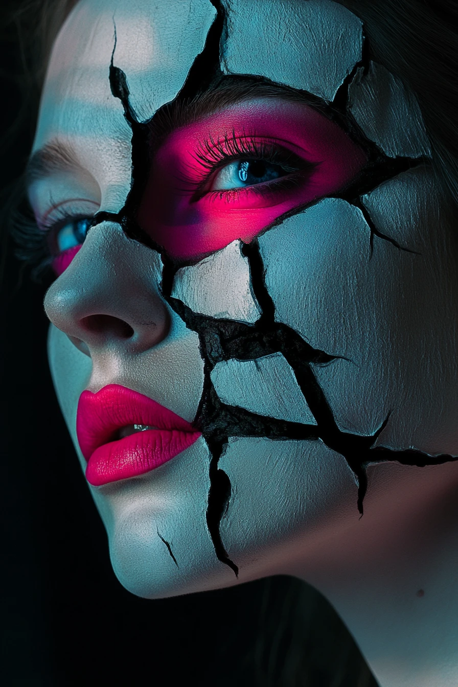 Surreal portrait of a woman with cracked porcelain makeup