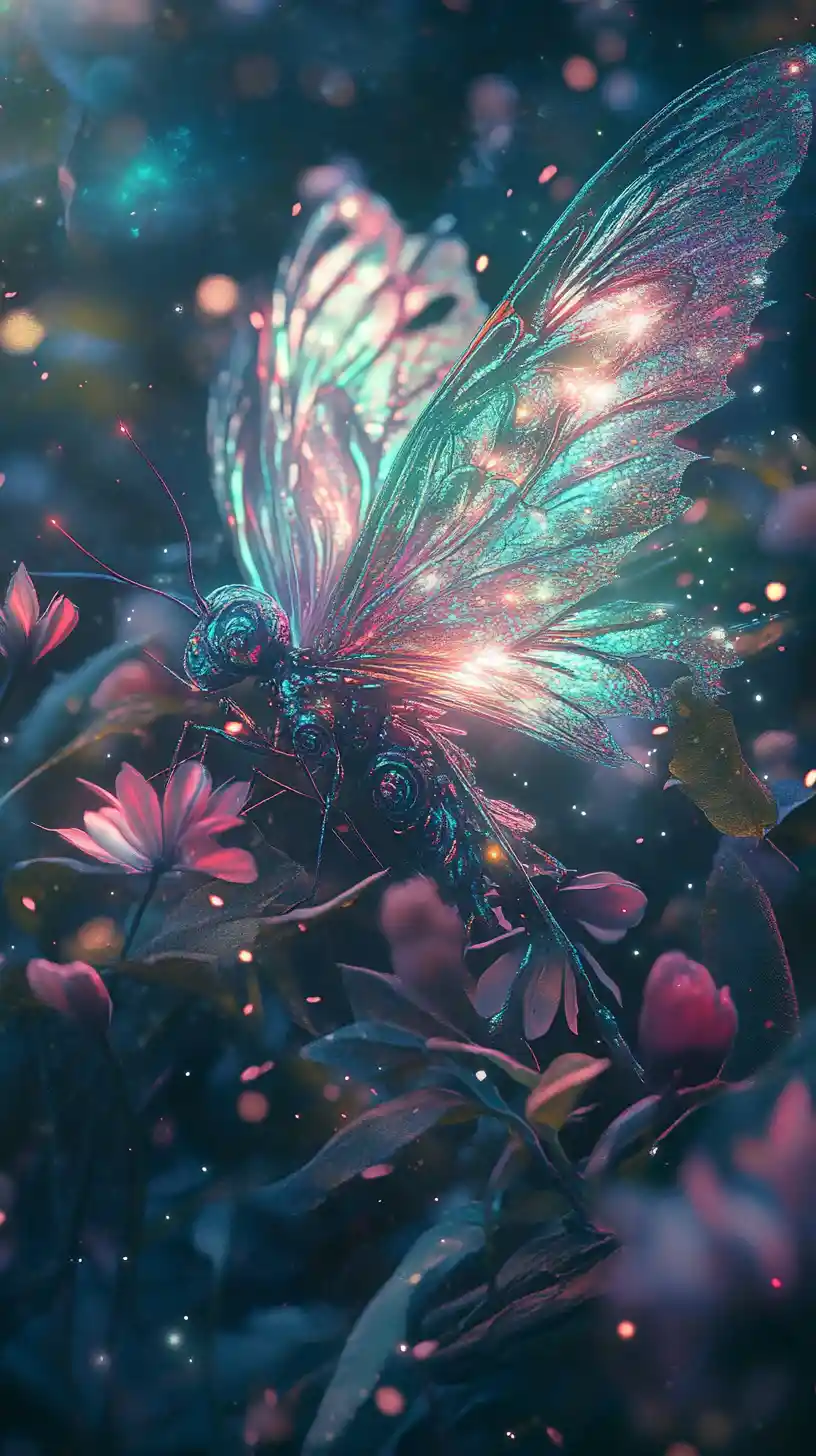 Ethereal fairy with glowing wings in a dreamlike garden