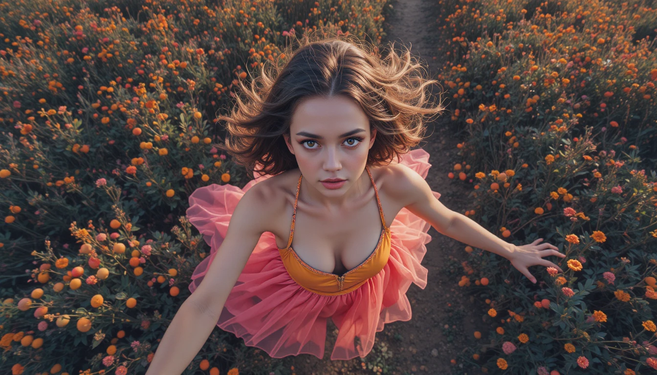 Curvy woman flying above bright neon wildflower field