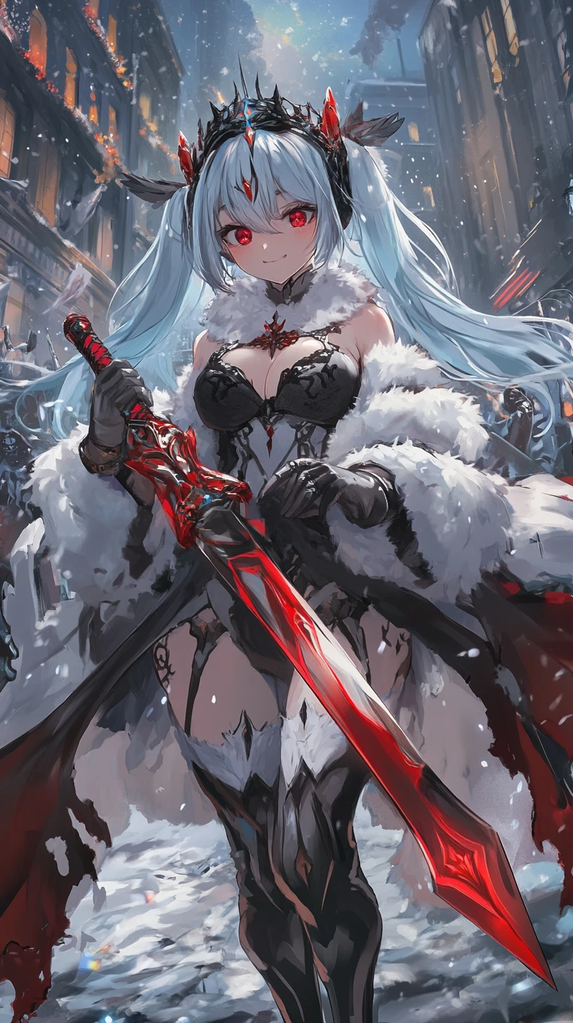Anime girl with katana facing ghostly puppets in market