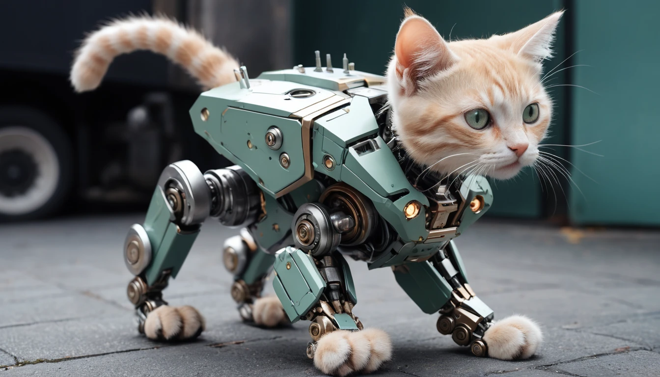 Cute robot kitten reaching toward a suspended giant mech