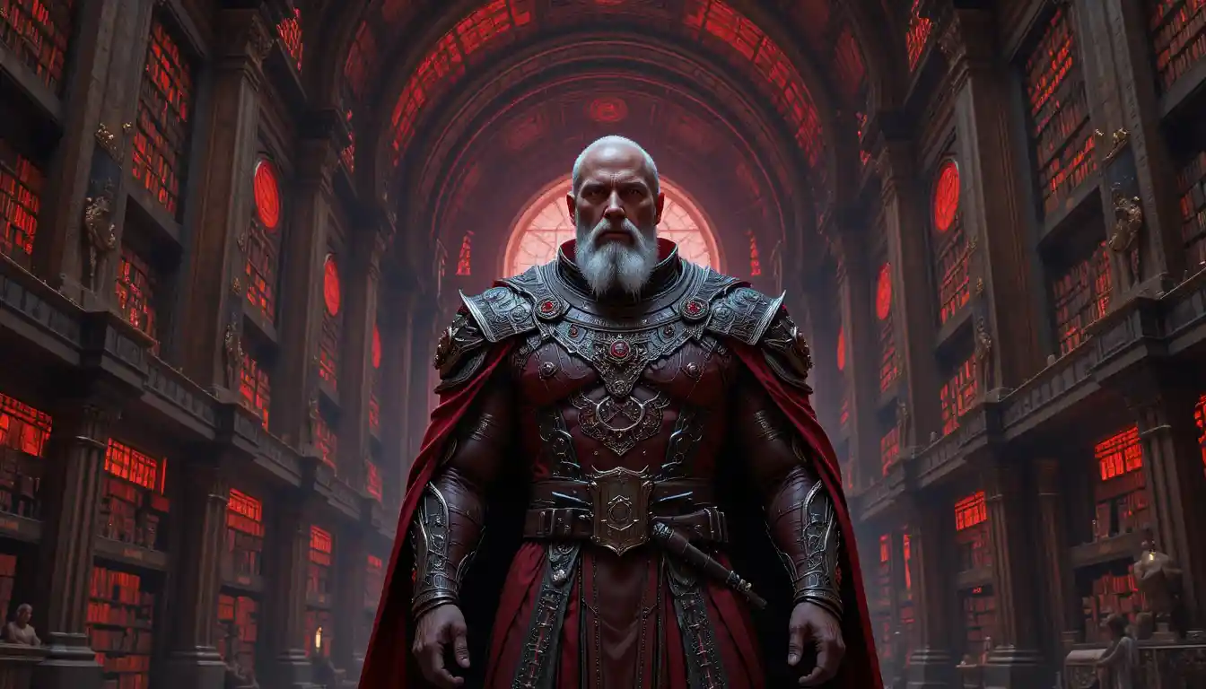Ancient fantasy scholar in a vast crimson archive hall