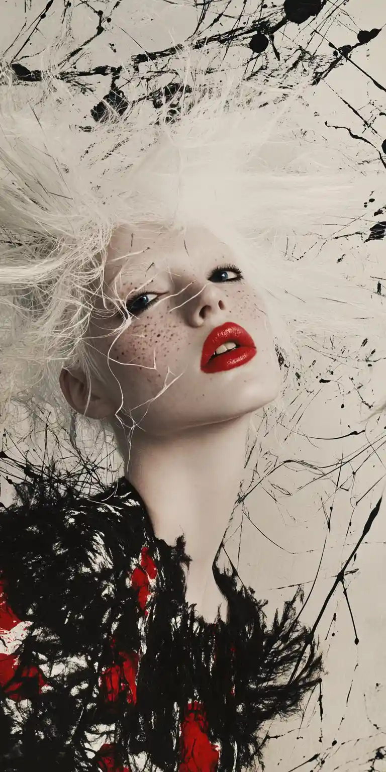 Albino woman in floral paper dress with surreal punk styling