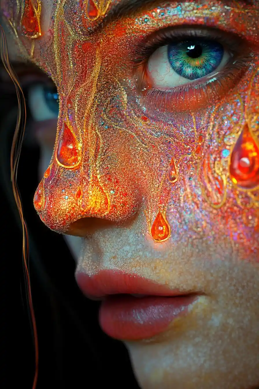 Surreal close up portrait with glowing jeweled face