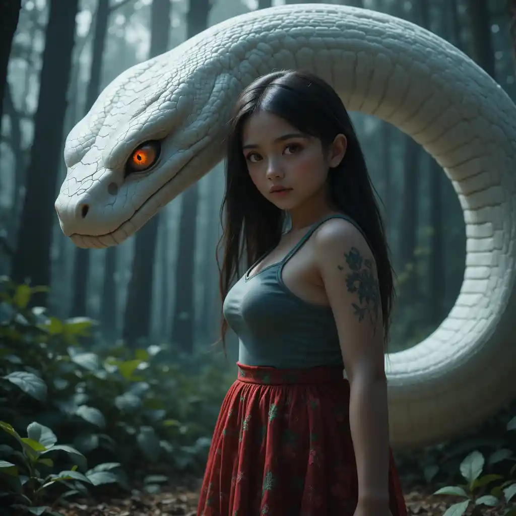 흰 뱀에게 보호받는 어두운 숲 속 소녀