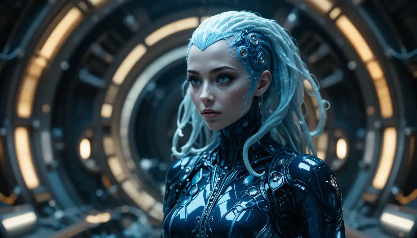Sci fi woman in latex suit at deep space observatory