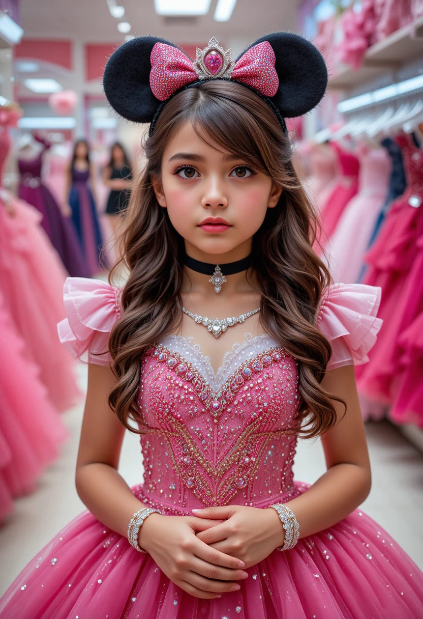 Nervous young princess in a pink Minnie Mouse dress