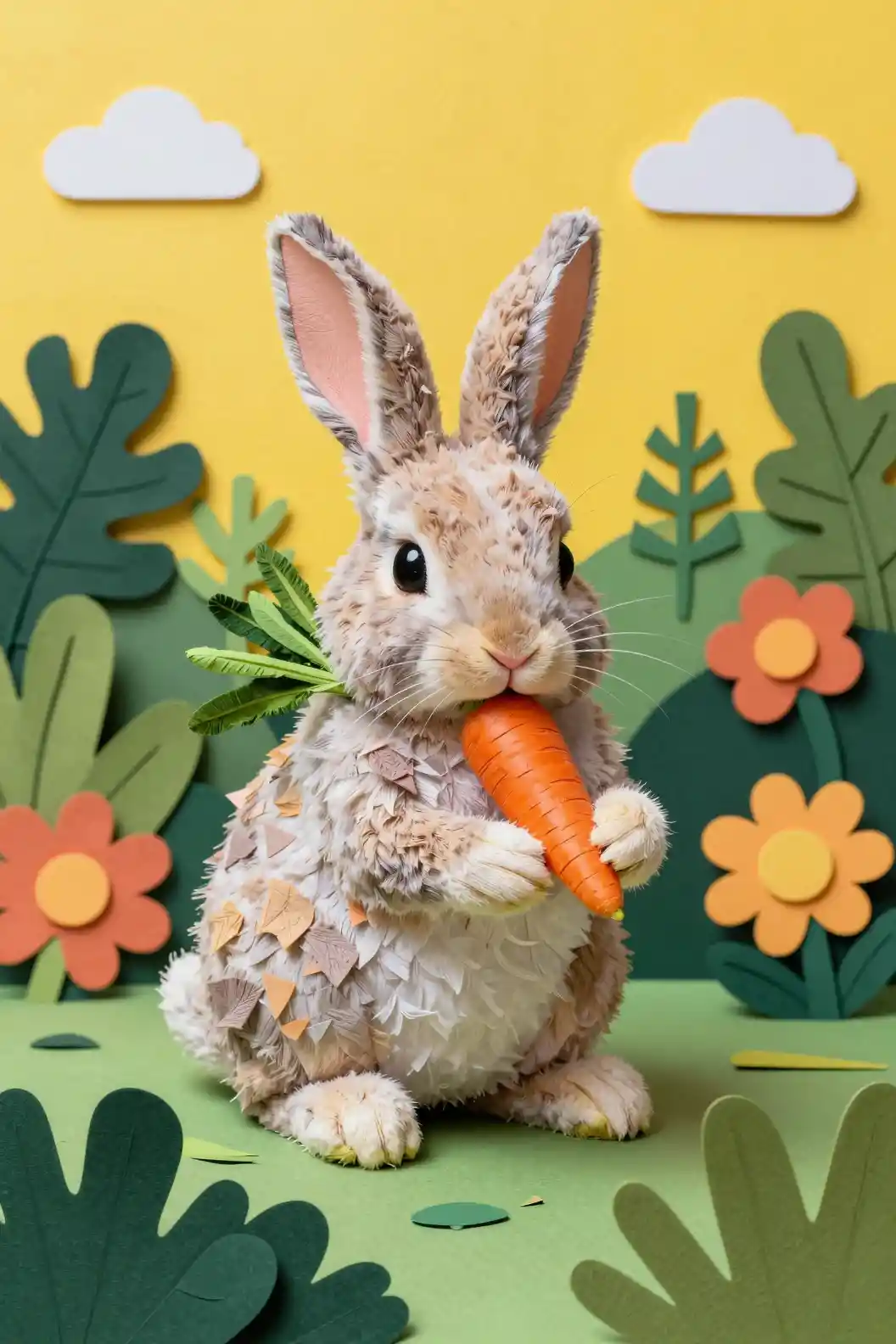 Playful paper collage rabbit eating a carrot in abstract jungle