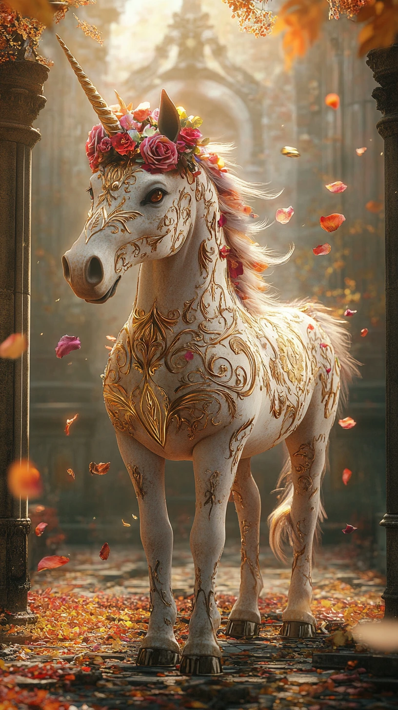 Golden unicorn with roses amid ancient stone ruins