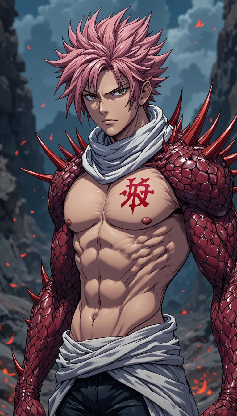 Anime warrior with dragon arm in rocky ember wasteland