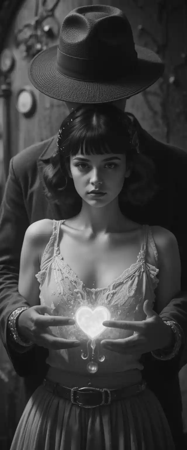 Private detective holding a woman in dramatic studio scene