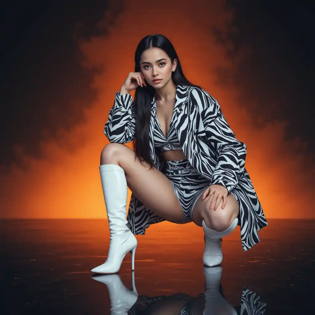 Young woman in zebra outfit on reflective surface
