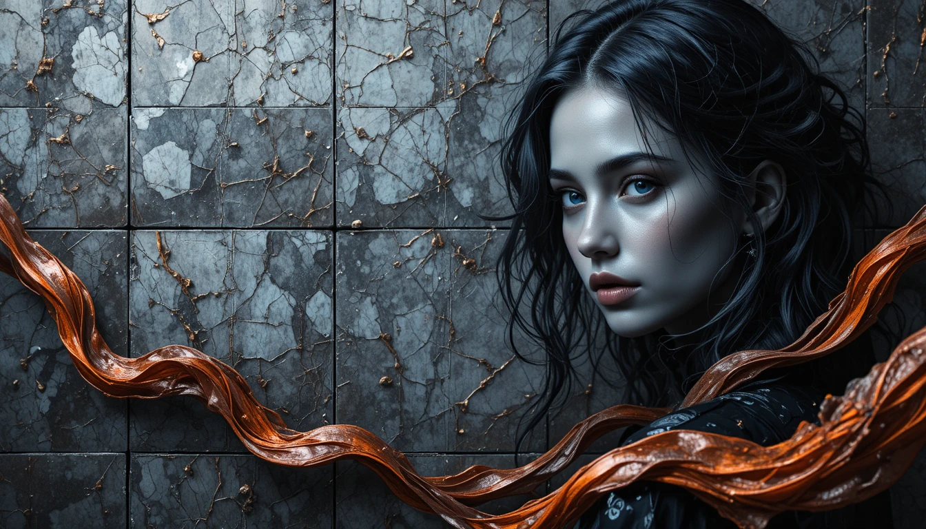Intricate tiles with vibrant lines and ethereal female portrait