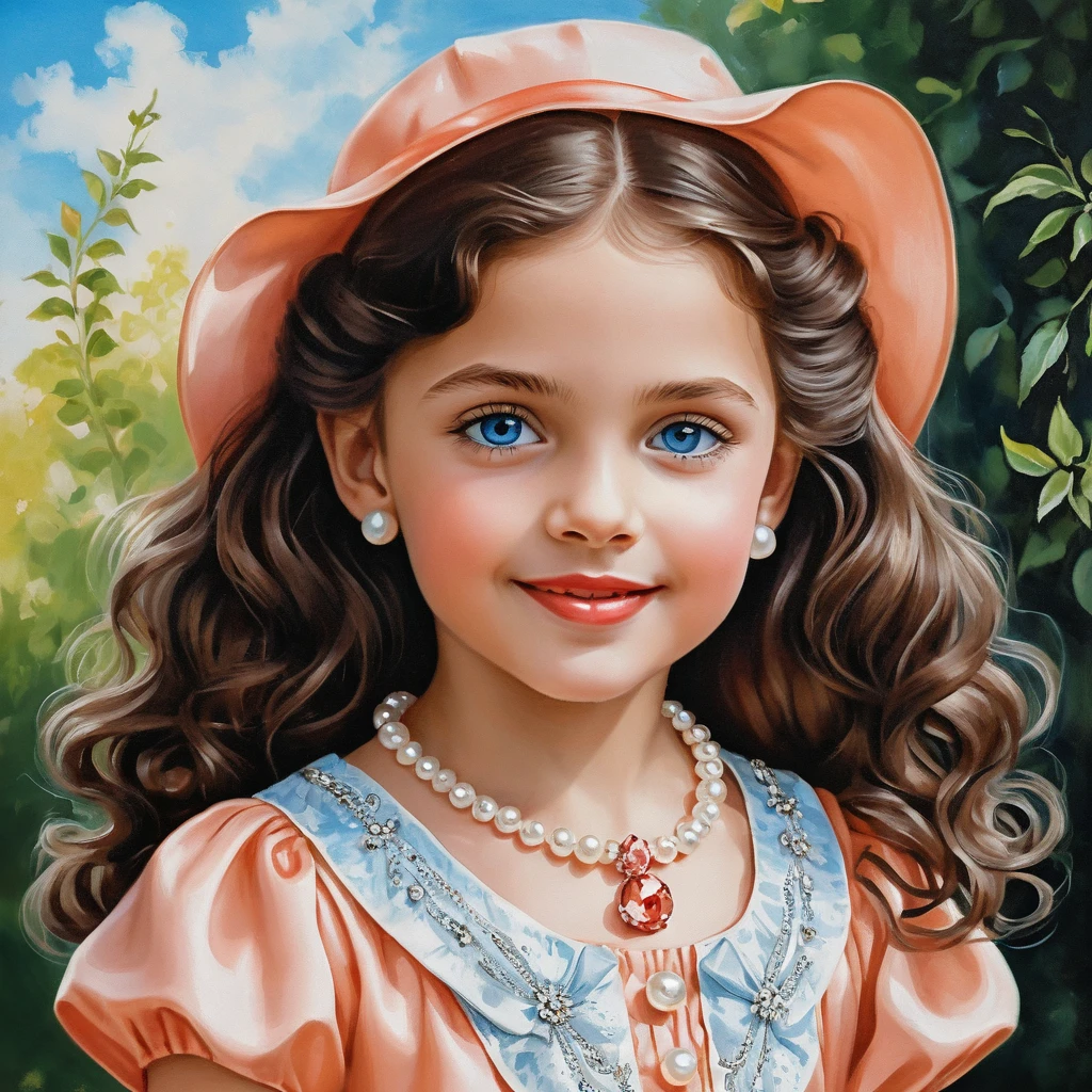 Smiling girl in peach satin dress with pearl collar