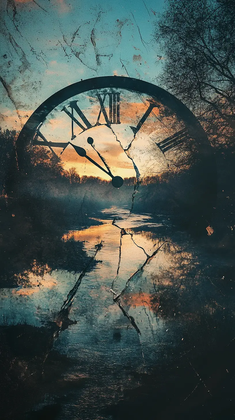 Broken clock face with river at twilight in soft light