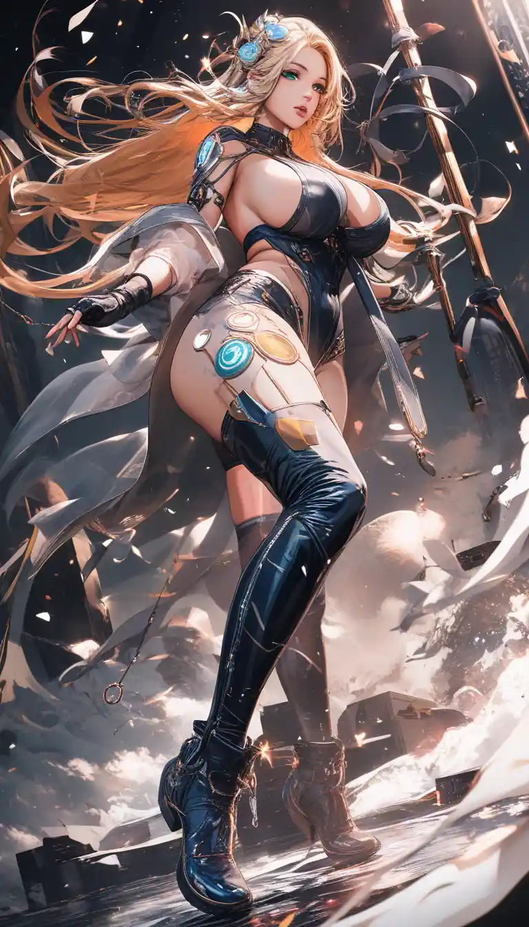 Athletic blonde woman in revealing futuristic vault suit