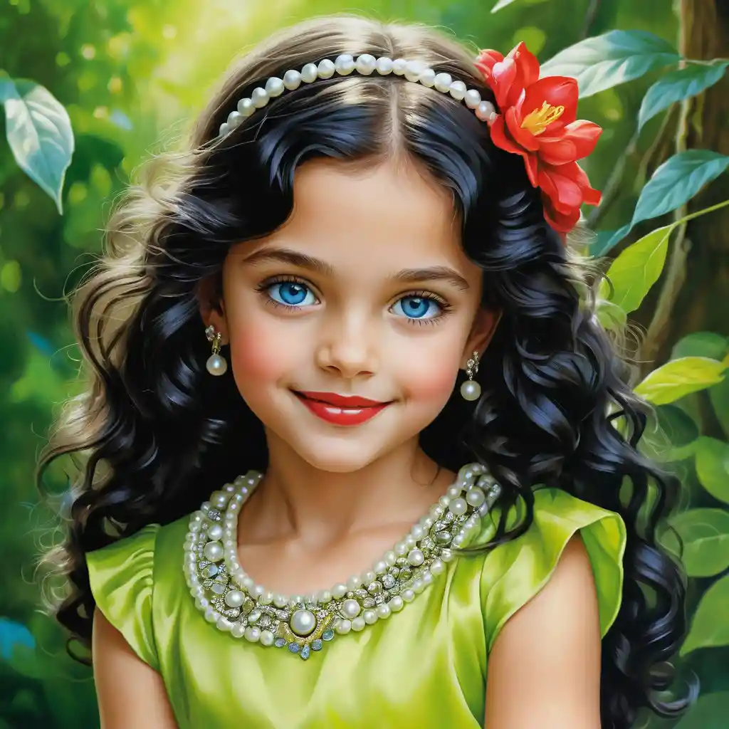 Smiling girl in lime green dress with curly black hair