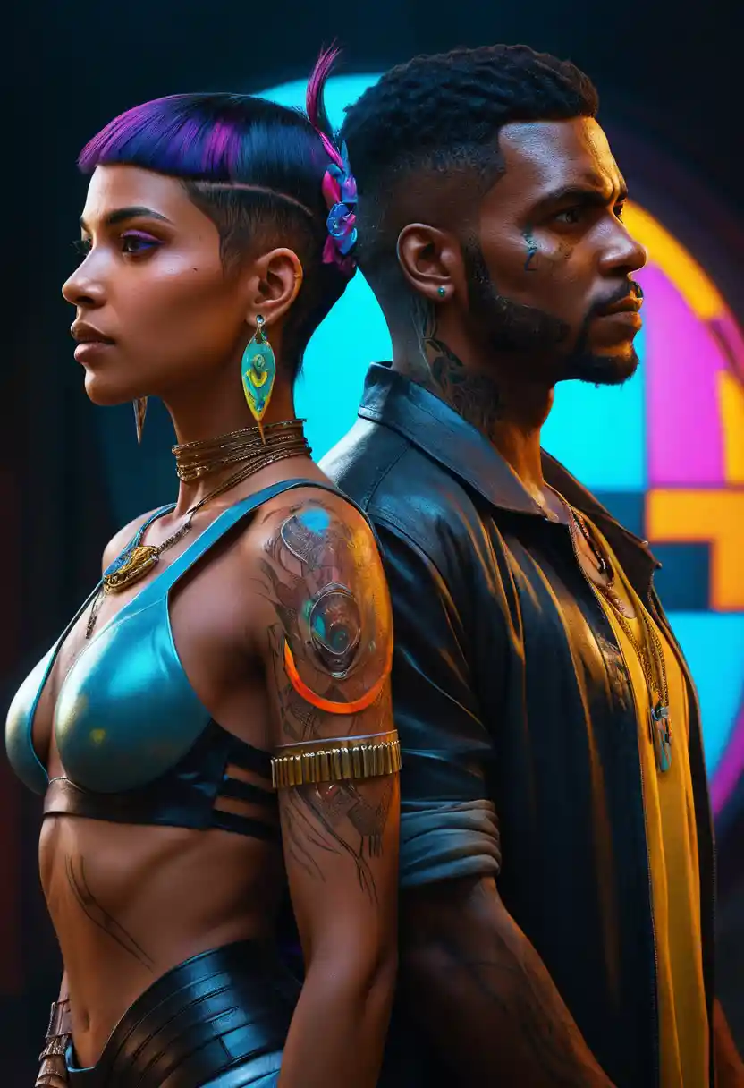 Romantic latin couple in glowing neon fantasy portrait