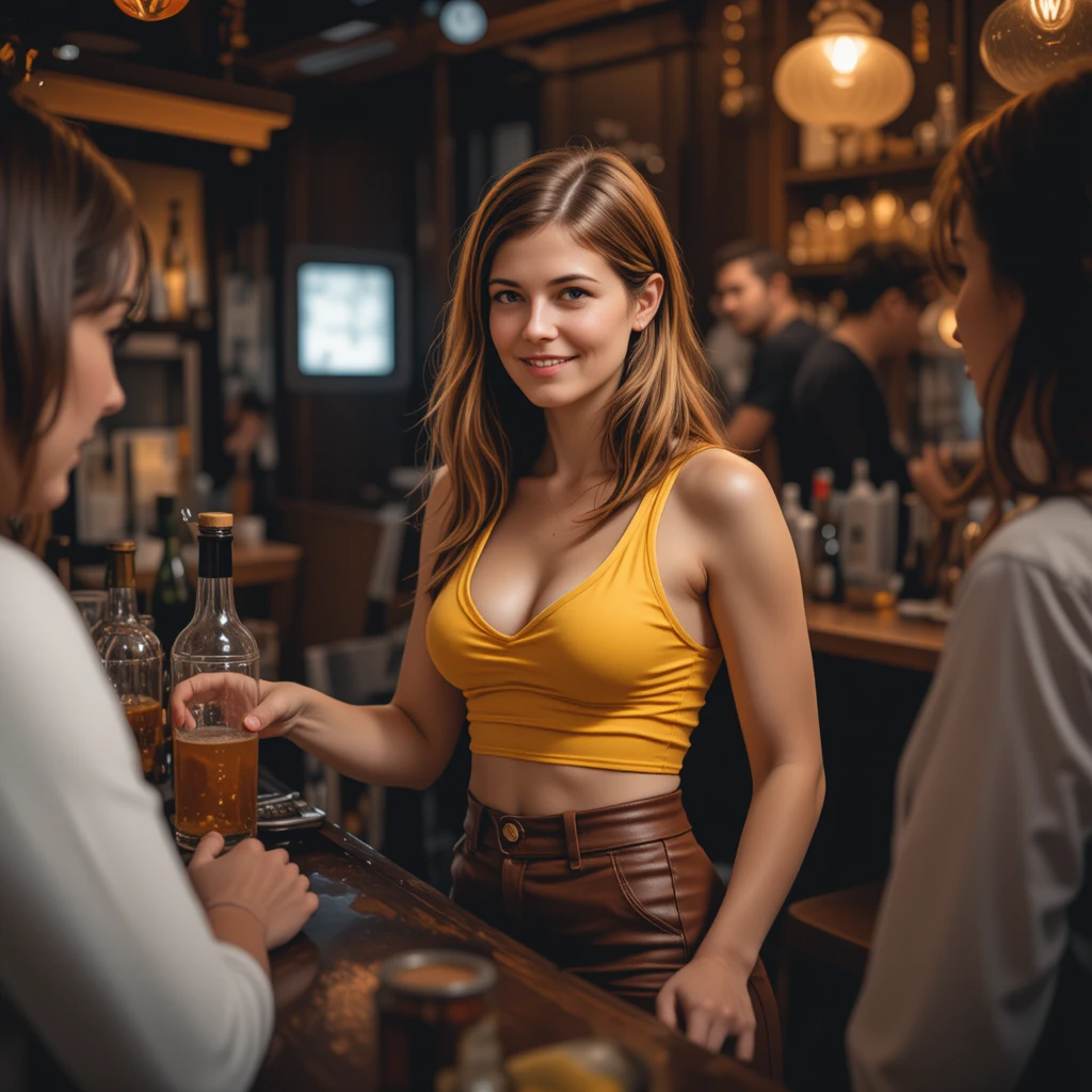 Young woman serving drinks in a dim bar