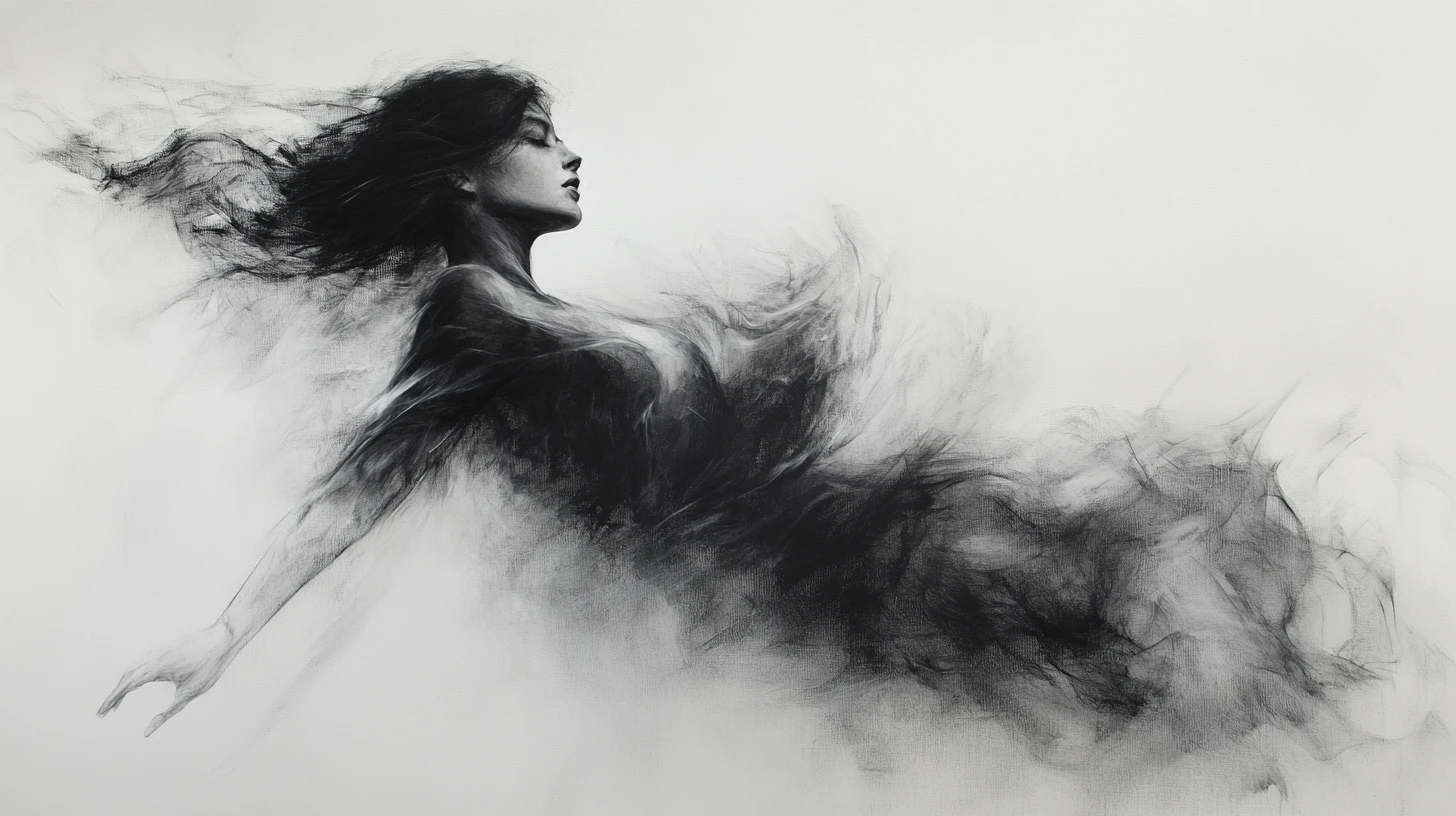 Elegant feminine figure dissolving into soft charcoal textures