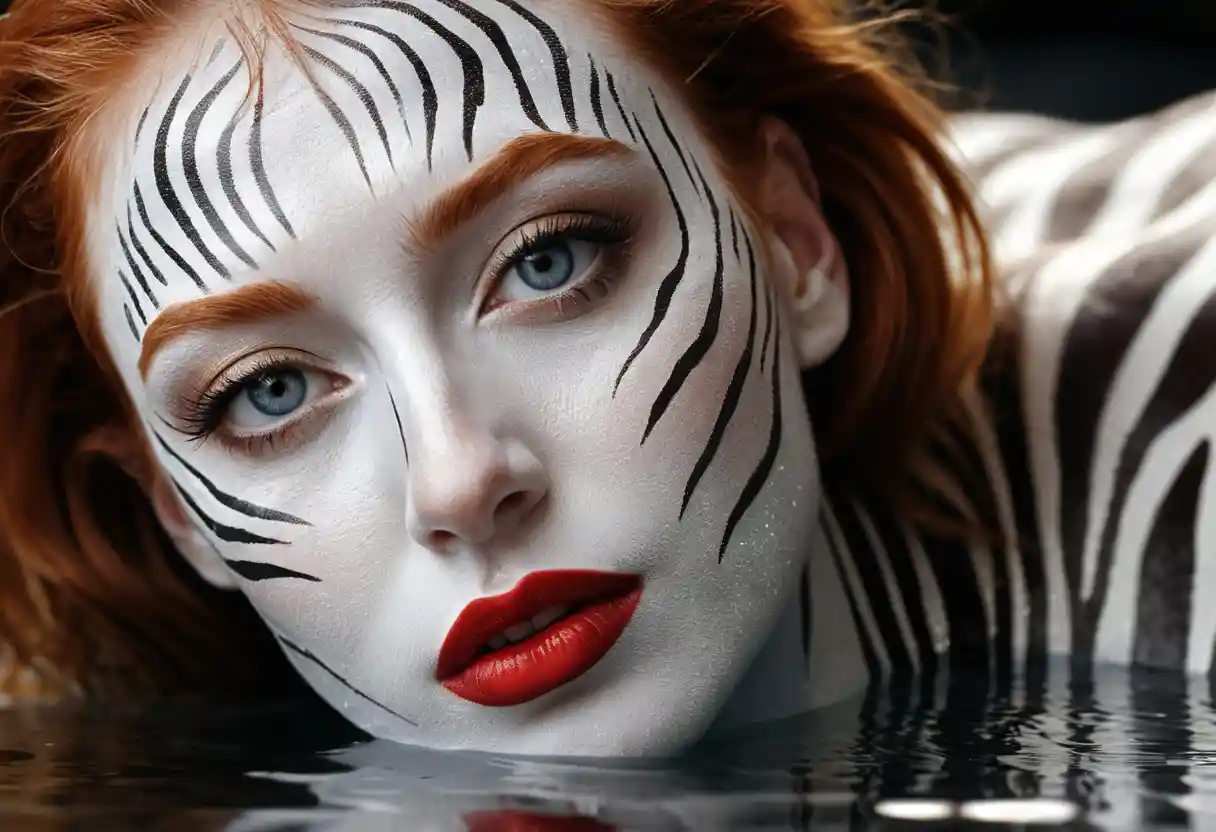 Close up portrait of a woman with zebra reflections